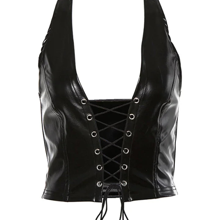 Sexy Crop Top Inside Women Black PU Leather Rope Strap Hollow Out Punk Style Tank Tops Vest Fashion Backless Club Party Wear