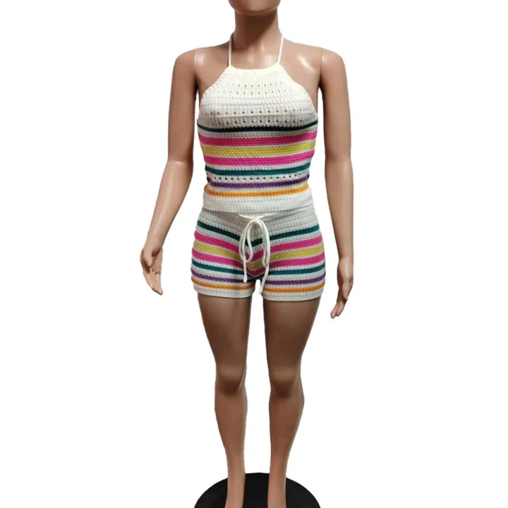 2024 New Fashion Knitted 2 piece sets womens outfits Striped Hollow Out Sleeveless Top & Drawstring Shorts Set
