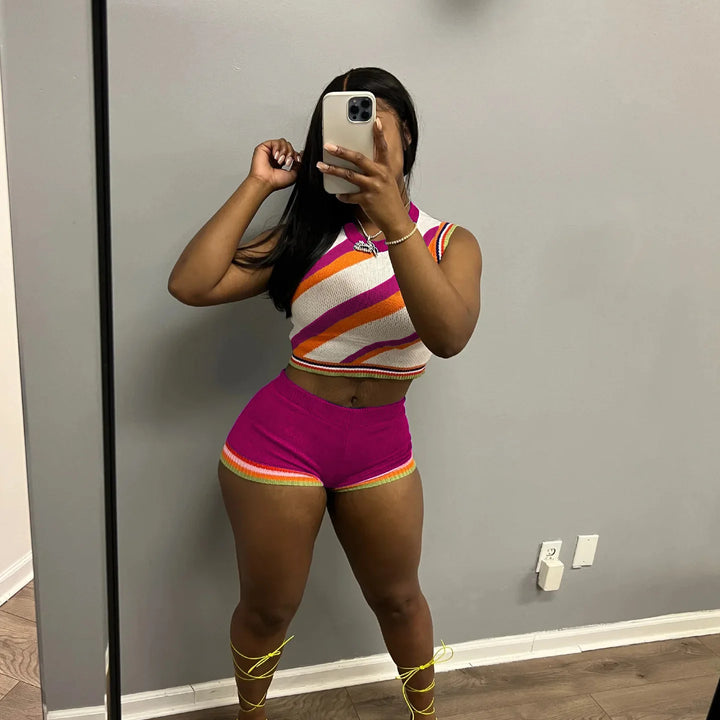 CM.YAYA Knit Ribbed Fashion Women's Set Striped Tank Top and Shorts Suit 2023 Summer Chic Two 2 Piece Set Outfit Tracksuit