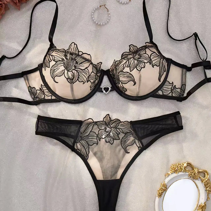 Elegant Black Sexy Nighty Underwire Bra Underwear Set Party Club Night Women Chef Ultrathin Underwear set