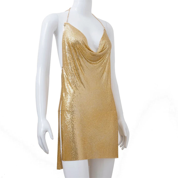 Sexy Silver Sequin Mini Dress For Women Accessories Sleeveless Metal Body Chain Party Dress Women Backless Split Evening Vestido