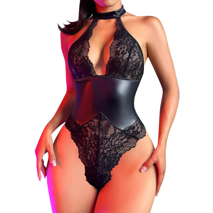 Skinny Bodycon Body Suit Women Sexy Black PU Latex Leather Halter Lace Backless Romper Lingerie Underwear Teddies