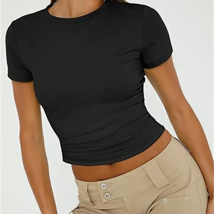 Casual Basic T-Shirts For Women Spring Summer New Short Sleeve O Neck Top Solid Simple Y2k Tees Lady Pullover Crop Tops Street