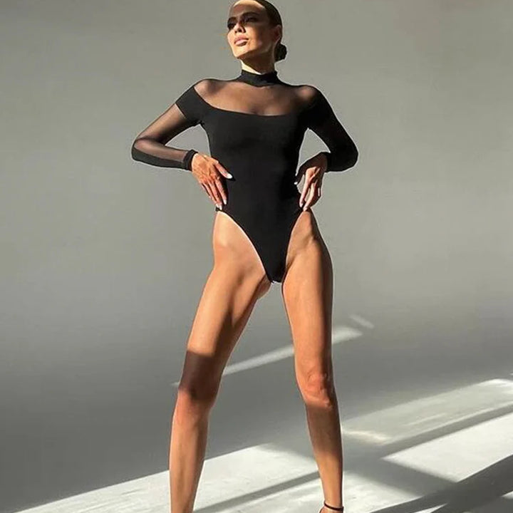 Huhugirl Mesh See Through Skinny Sexy Bodysuits Women Fashion Patchwork Long Sleeve Sheath Rompers Female Jumpsuits Tops Tees