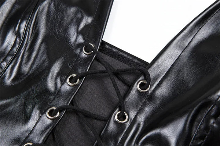 Sexy Crop Top Inside Women Black PU Leather Rope Strap Hollow Out Punk Style Tank Tops Vest Fashion Backless Club Party Wear