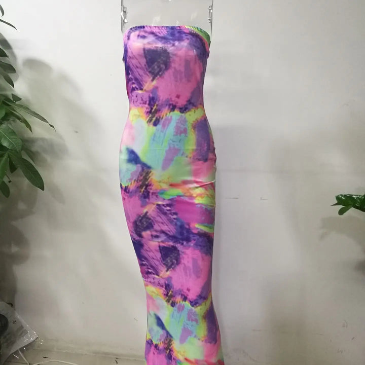 Spring And Summer Dresses For Women Chest Wrap Printed Off Shoulder Bandage Slim Sexy Long Dress 2023 New Fashion party MsChuh