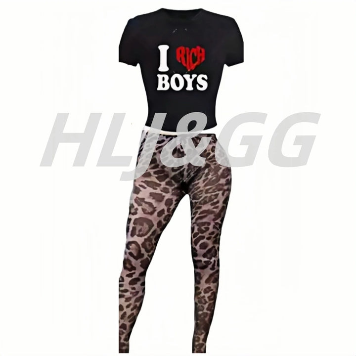 HLJ&GG Fashion Y2K Letter Printing Crop Top Two Piece Sets Women Round Neck Short Sleeve Tshirts And Leopard Pants Outfits 2025