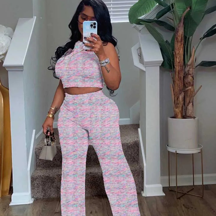 2 Piece Sets Womens Outfits Elegant Stretchy Knitted Summer Suit Sexy Sleeveless Top and Pant Suit Wholesale Dropshipping