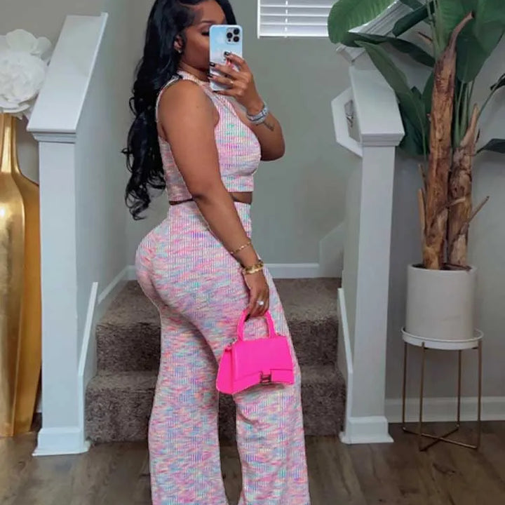 2 Piece Sets Womens Outfits Elegant Stretchy Knitted Summer Suit Sexy Sleeveless Top and Pant Suit Wholesale Dropshipping