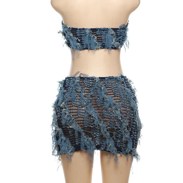 kliou Stacked Crochet 2 Piece Set Women Panelled Patchwork Wrapped Chest Crop Tanks+Sheer Slim Mini Skirts Female Street Outfits