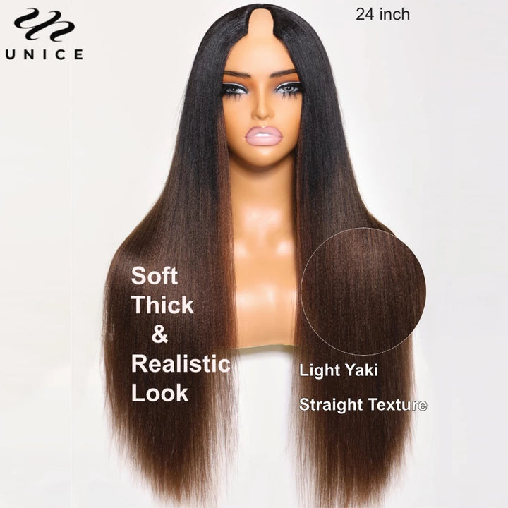 UNice Hair Ombre Brown Yaki Straight V Part Wig 100% Human Hair Upgrade U Part Wig Easy Blend Super Natural Human Hair Wigs