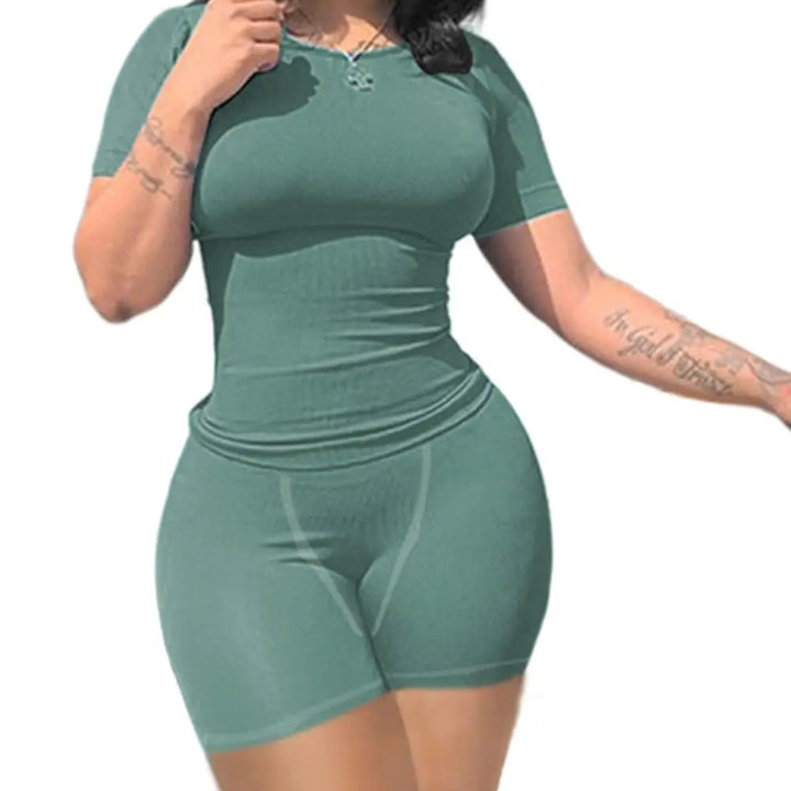 Lounge Wear Ribbed Casual 2 Piece Summer Shorts Set For Somen Short Sleeve Top+Elastic outfits