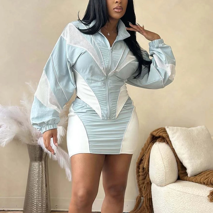 FLARORA Fashion Patchwork 2Pcs Sets Woman Long Sleeve Zipper Irregular Crop Jacket And Skinny Mini Skirts Streetwear Outfits New