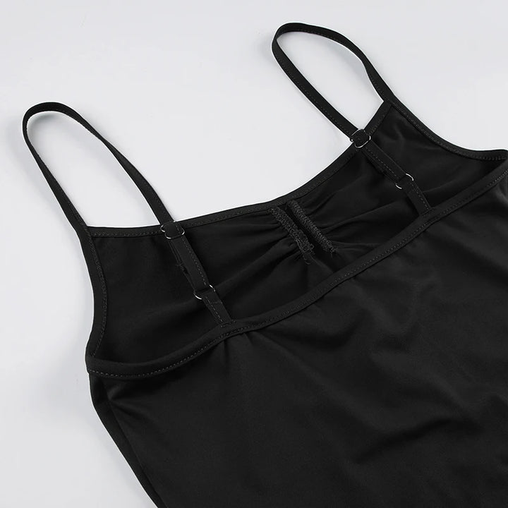Sweetown Sleeveless Skinny Shirring Skinny Sexy Spaghetti Strap Bodysuit For Women Black Solid Simple Basic Vacation Camisole