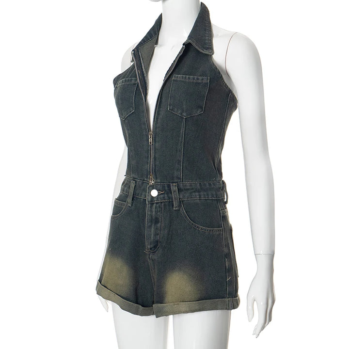 Sexy Blue Lapel Deep V Zipper Jumpsuit For Women Sleeveless Backless High Waist Hemmed Shorts Leisure Party Club Denim Jumpsuit