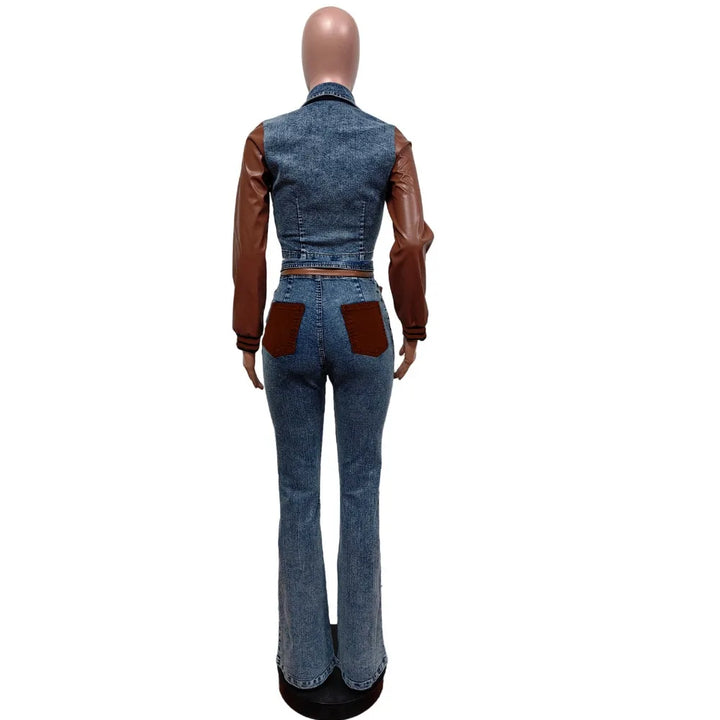 FAGADOER Retro Quality Denim Women 2 Piece Set Outfit Trendy Leather Denim Patchwork Crop Jacket And High Waist Jeans Suits New