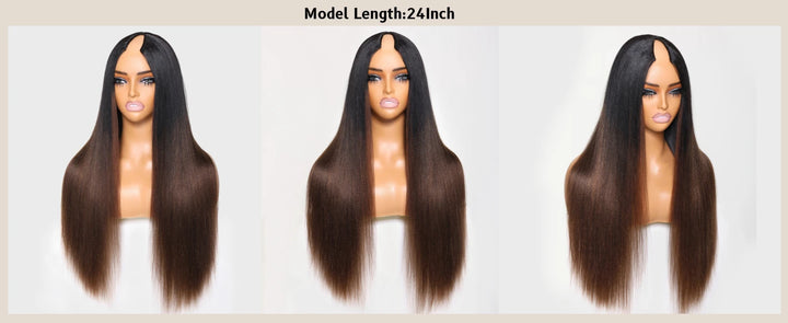 UNice Hair Ombre Brown Yaki Straight V Part Wig 100% Human Hair Upgrade U Part Wig Easy Blend Super Natural Human Hair Wigs