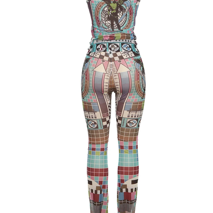 Weird Puss Aesthetic Print 2 Piece Set Women Sexy See Through Colorful Coquette Tank Tops+Pants Hipster Matching Clubwear Outfit