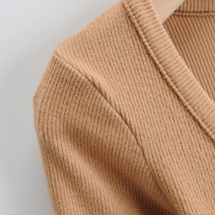 Slim V-neck Long Sleeve Bottomed Womens Tops And Blouses High Street Solid Color Open Navel Cardigan