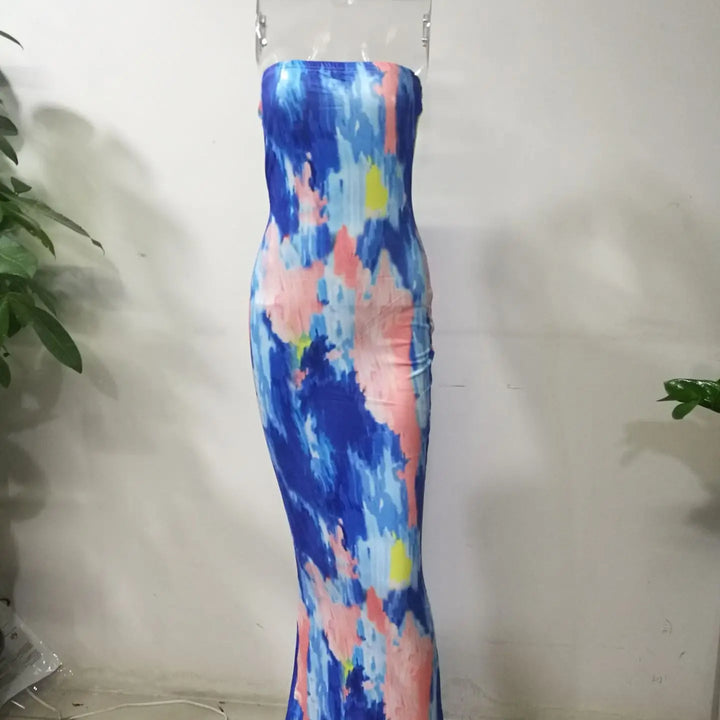Tie Dye Bodycon Bandage Dress Women Midi Sexy Party Dresses Off Shoulder Strapless Summer Y2k Club Beach Elegant Long Vestidos