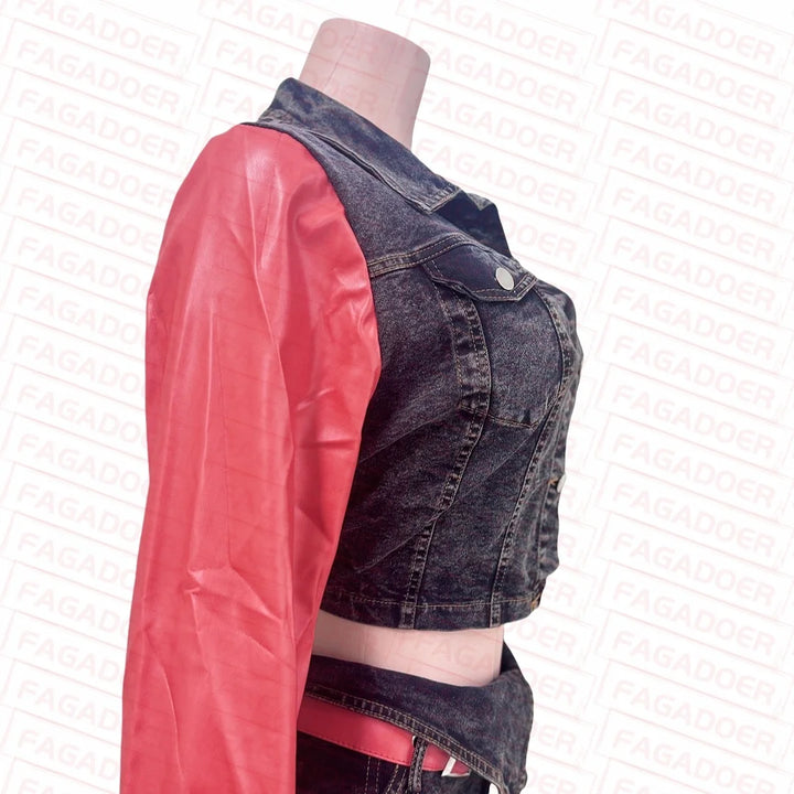 FAGADOER Retro Quality Denim Women 2 Piece Set Outfit Trendy Leather Denim Patchwork Crop Jacket And High Waist Jeans Suits New