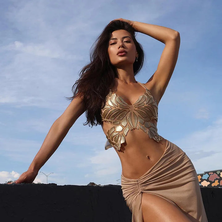 Butterfly Halter Tops Women Summer Outfits Backless Neck Mounted Golden Y2k Clothes Slim Sleeveless Ropa De Mujer