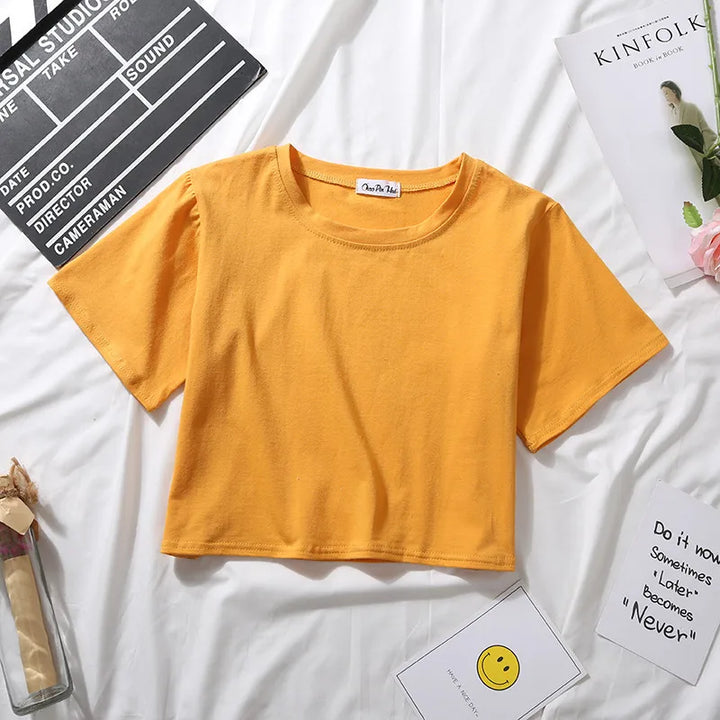 2024 Summer Short Sleeve T Shirts Women Cotton Solid T-shirt O Neck High Waist Crop Top Tee Female Casual Loose T Shirt