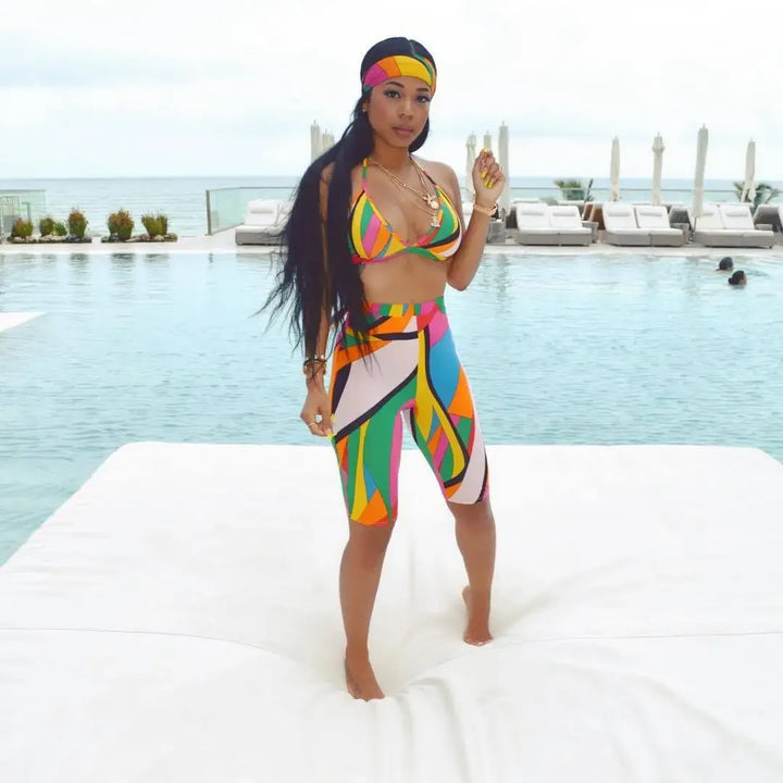 S3330 Sweetpants Three-Piece Set With Headscarf Six Colors Women's Fashion Outfit Short Skirt Set From China Mainland