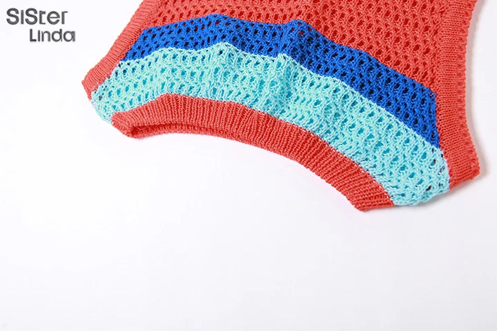 Sisterlinda Colorful Knit Casual 2 Piece Set Women Sleeveless Skinny Stretch Midriff Tank Top+Mini Hip Skirt Matching Streetwear