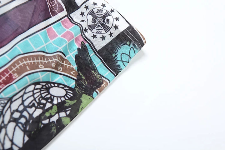 Weird Puss Aesthetic Print 2 Piece Set Women Sexy See Through Colorful Coquette Tank Tops+Pants Hipster Matching Clubwear Outfit