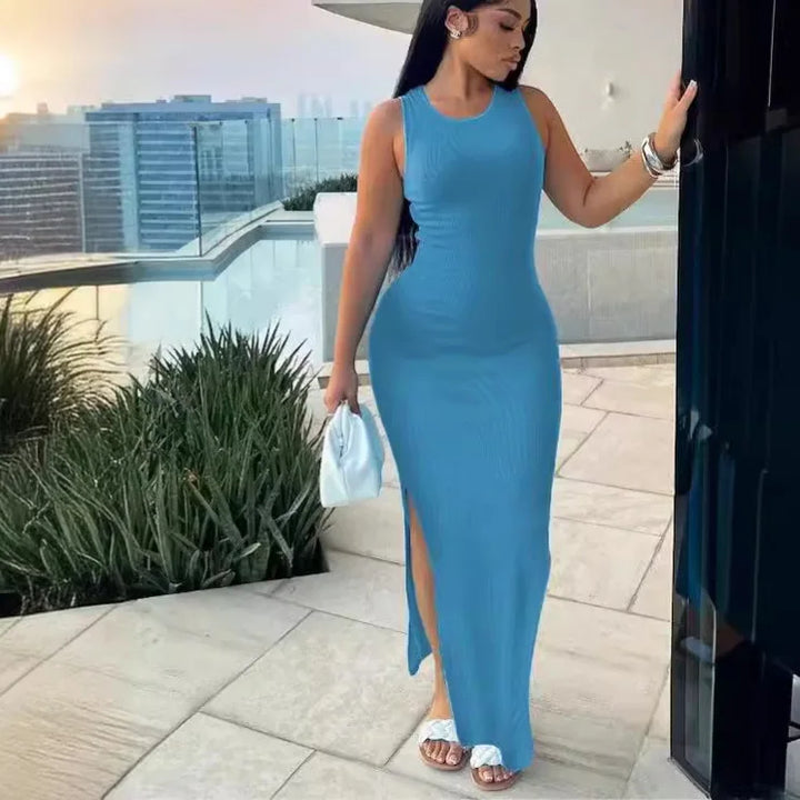 Summer Women's Fashion Purple Round Neck Slim Fit Split Dress Sexy Women's Sleeveless High Waist Beach Dress Vestidos S-3XL