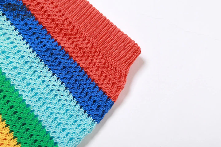 Sisterlinda Colorful Knit Casual 2 Piece Set Women Sleeveless Skinny Stretch Midriff Tank Top+Mini Hip Skirt Matching Streetwear