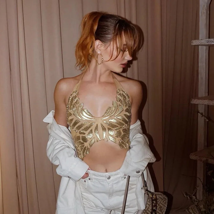 Butterfly Halter Tops Women Summer Outfits Backless Neck Mounted Golden Y2k Clothes Slim Sleeveless Ropa De Mujer