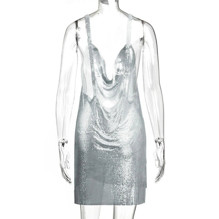 90s Rave Outfit Glitter V-Neck Lace Up Sequins Dress Y2K Clubwear Sexy Backless Bodycon Metal Mini Dress Party Cloth Vestidos