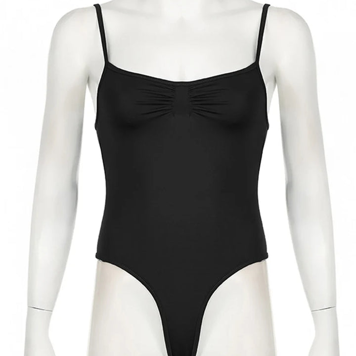 Sweetown Women's Sleeveless Skinny Shirring Bodysuit Spaghetti Strap Black Solid Simple Basic Sexy Camisole for Vacation