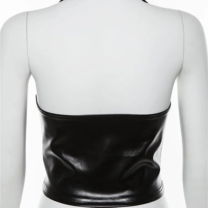 Sexy Crop Top Inside Women Black PU Leather Rope Strap Hollow Out Punk Style Tank Tops Vest Fashion Backless Club Party Wear