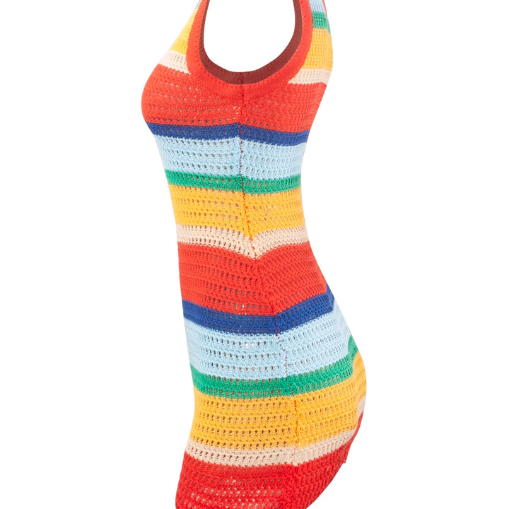 Women Panelled Striped Knitted Hollow Out Mini Dress Casual Tank Sleeveless Bodycon Hot Girl Streetwear Outfit