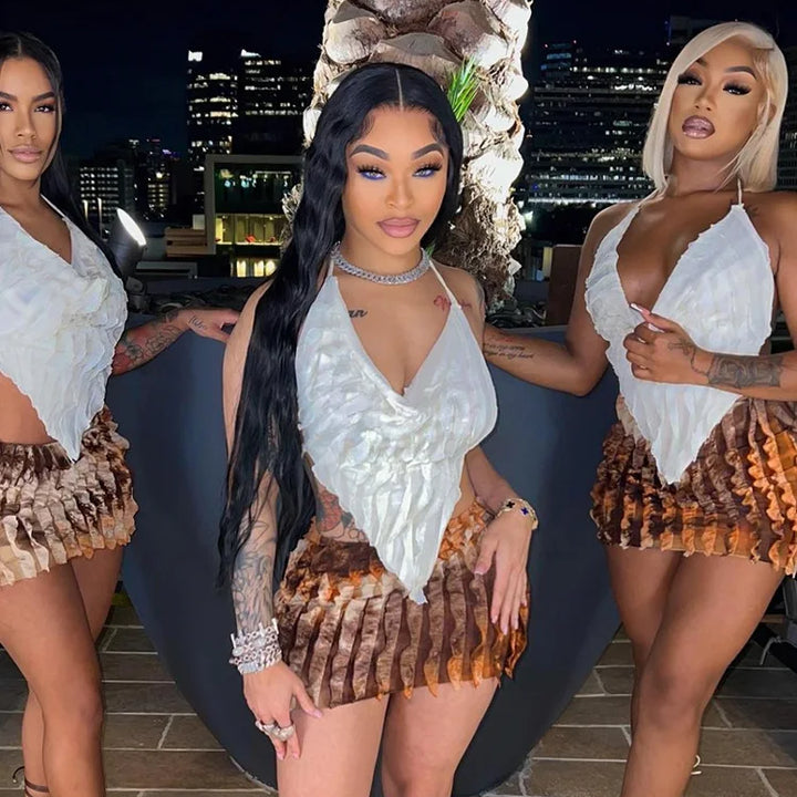 kliou Stacked Ruched 2 Piece Set Women Solid Halter Bandage Irregulary Camis+Tie Dye Vintage Mini Skirts Female Sexy Attirewear