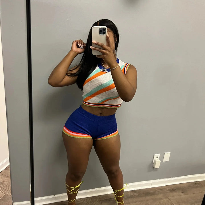 CM.YAYA Knit Ribbed Fashion Women's Set Striped Tank Top and Shorts Suit 2023 Summer Chic Two 2 Piece Set Outfit Tracksuit