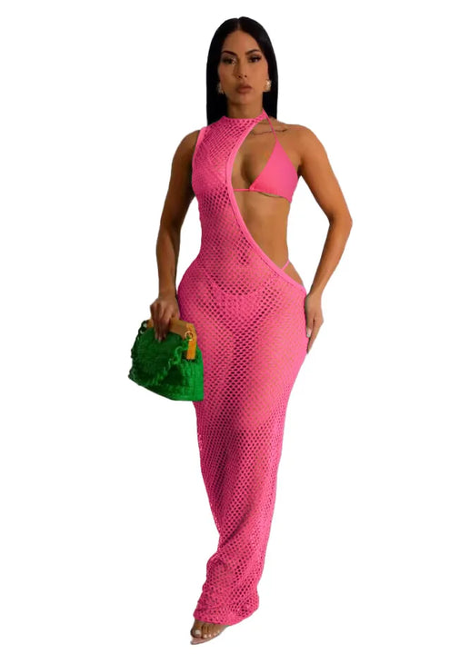 New Women's Classic Clothes Sexy 3 Piece Set Sexy Fishing Net Halter One Shoulder Dress and Bikini Set Beach Dress