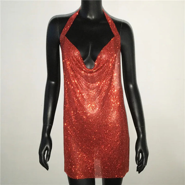 Bling Rhinestone Backless Dress Sexy Deep V Neck Sleeveless Side Split Halter Dress Nightclub Party Evening Dresses