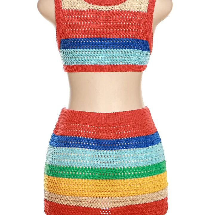 Sisterlinda Colorful Knit Casual 2 Piece Set Women Sleeveless Skinny Stretch Midriff Tank Top+Mini Hip Skirt Matching Streetwear