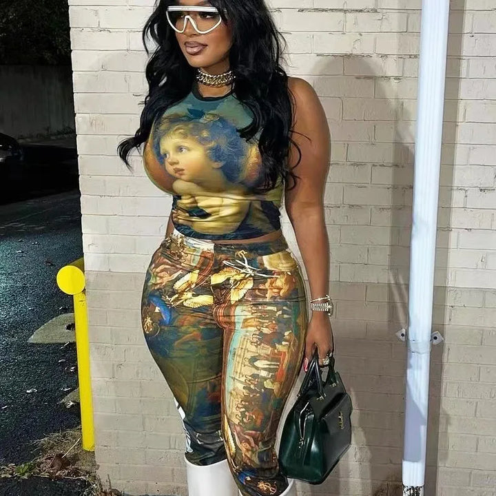 FAGADOER Fashion Print 2 Piece Sets Woman Outfit Oil Painting Sleeveless Crop Top and Pants Female Streetwear Summer Spring New