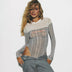 Letter Printed Mesh Transparent Women Panelled Newspaper Long Sleeve Round Neck T-Shirts