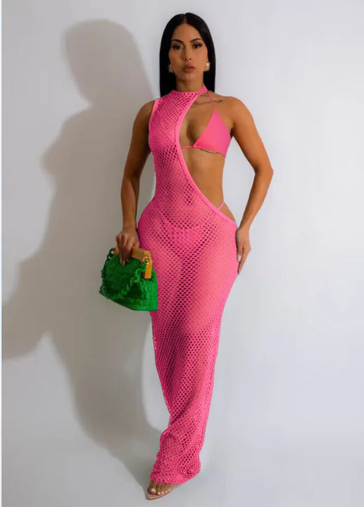 New Women's Classic Clothes Sexy 3 Piece Set Sexy Fishing Net Halter One Shoulder Dress and Bikini Set Beach Dress