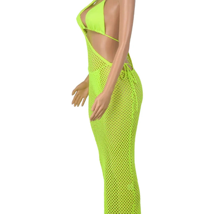 New Women's Classic Clothes Sexy 3 Piece Set Sexy Fishing Net Halter One Shoulder Dress and Bikini Set Beach Dress