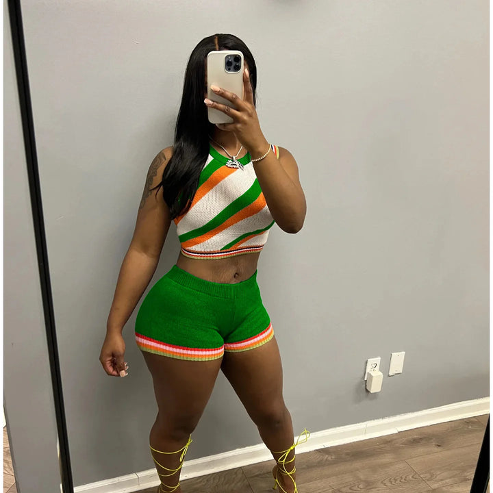 CM.YAYA Knit Ribbed Fashion Women's Set Striped Tank Top and Shorts Suit 2023 Summer Chic Two 2 Piece Set Outfit Tracksuit