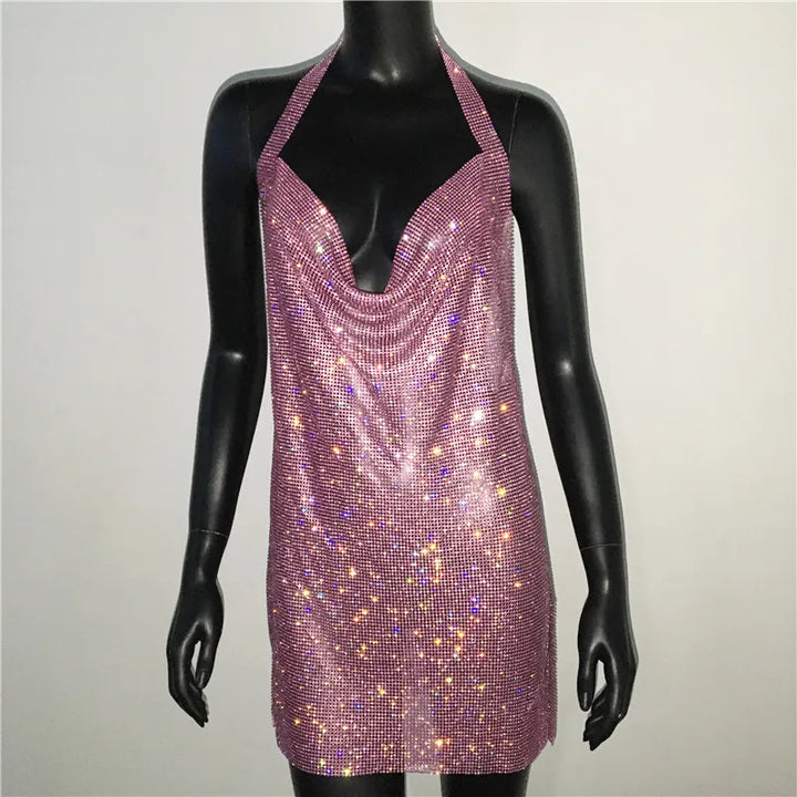 Bling Rhinestone Backless Dress Sexy Deep V Neck Sleeveless Side Split Halter Dress Nightclub Party Evening Dresses