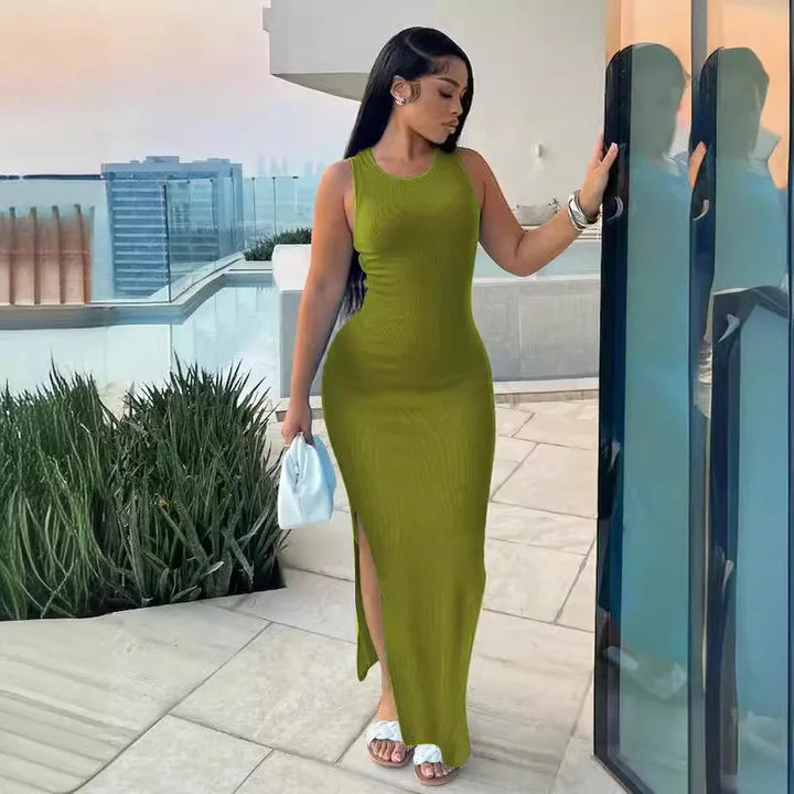 Summer Women's Fashion Purple Round Neck Slim Fit Split Dress Sexy Women's Sleeveless High Waist Beach Dress Vestidos S-3XL