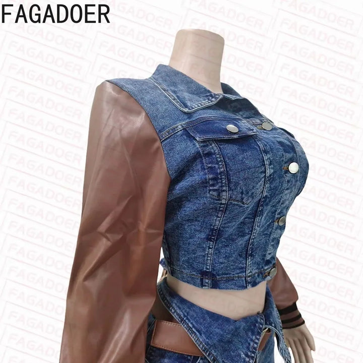 FAGADOER Retro Quality Denim Women 2 Piece Set Outfit Trendy Leather Denim Patchwork Crop Jacket And High Waist Jeans Suits New